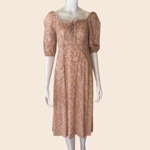 Sincerely Jules Cottagecore Blush Pink Lace Up Puff Sleeve Midi Dress Size XS